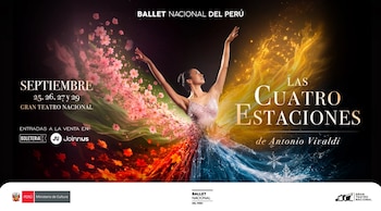 Cartel promocional con una bailarina cuyo vestido simula las cuatro estaciones y el texto Las Cuatro Estaciones de Antonio Vivaldi