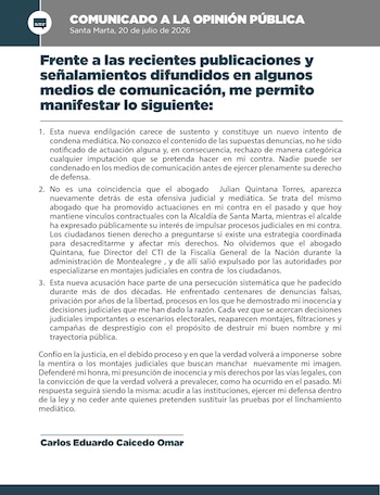 El exgobernador también cuestionó al abogado Julián Quintana, representante de la madre y la menor, al señalar que existiría una estrategia coordinada para desacreditarlo e impulsar procesos judiciales en su contra - crédito @carlosecaicedo/X