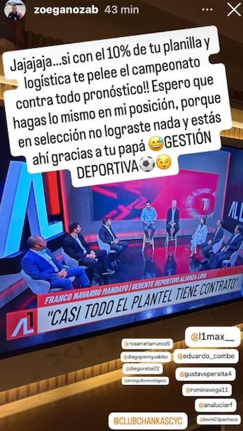 La historia de Zoe Ganoza, director deportivo de Los Chankas, contra Franco Navarro Jr, gerente deportivo de Alianza Lima. - créditos: Instagram Zoe Ganoza