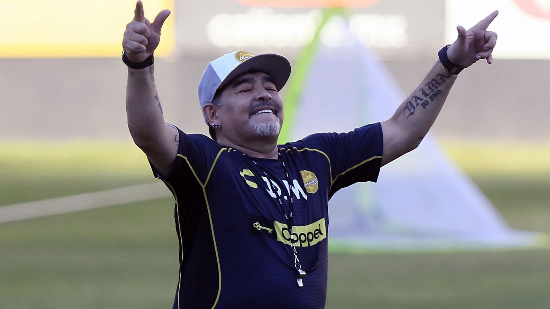 Culiacán, Sinaloa, 10 de septiembre de 20|18. Diego Armando Maradona director tecnico, durante el entrenamiento de Dorados de Sinaloa, previo a la jornada 8 del torneo Apertura 2018 de la Liga de Ascenso Bancomer MX, celebrado en el estadio Banorte. (Fotobaires)