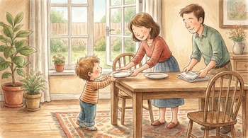 Ilustración de un niño pequeño entregando un plato a una mujer de pie frente a una mesa. Un hombre a su lado dobla servilletas. Fondo con ventana y jardín.