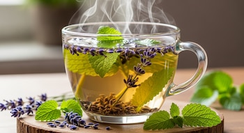 Una taza de cristal transparente con tisana humeante, decorada con flores de lavanda moradas y hojas verdes de toronjil, sobre una base de madera.