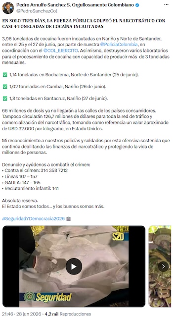 Operativos conjuntos frenan salida de 66 millones de dosis de cocaína hacia mercados internacionales - crédito @PedroSanchezCol/X