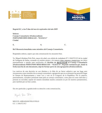 Carta de renuncia de Miguel Polo Polo al consejo Fernando Ríos Hidalgo
