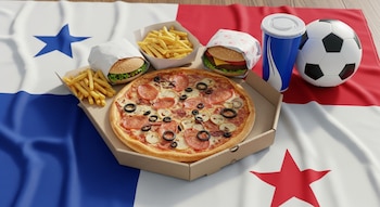 Bandera de Panamá, una pizza en caja de cartón, dos hamburguesas, dos porciones de patatas fritas, una bebida en vaso y un balón de fútbol.