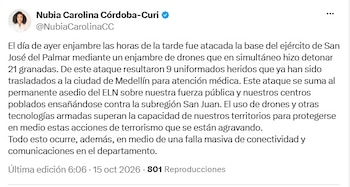 La gobernadora del Chocó, Nubia Carolina Córdoba-Curi, se pronunció tras el ataque coordinado con un enjambre de drones contra una base del Ejército Nacional en el municipio de San José del Palmar - crédito @NubiaCarolinaCC/X