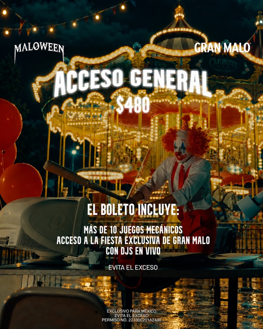 Un anuncio publicitario informa sobre los precios y atracciones del evento Maloween de Gran Malo en México con la figura de un payaso frente a un carrusel. (Maloween/Redes sociales)