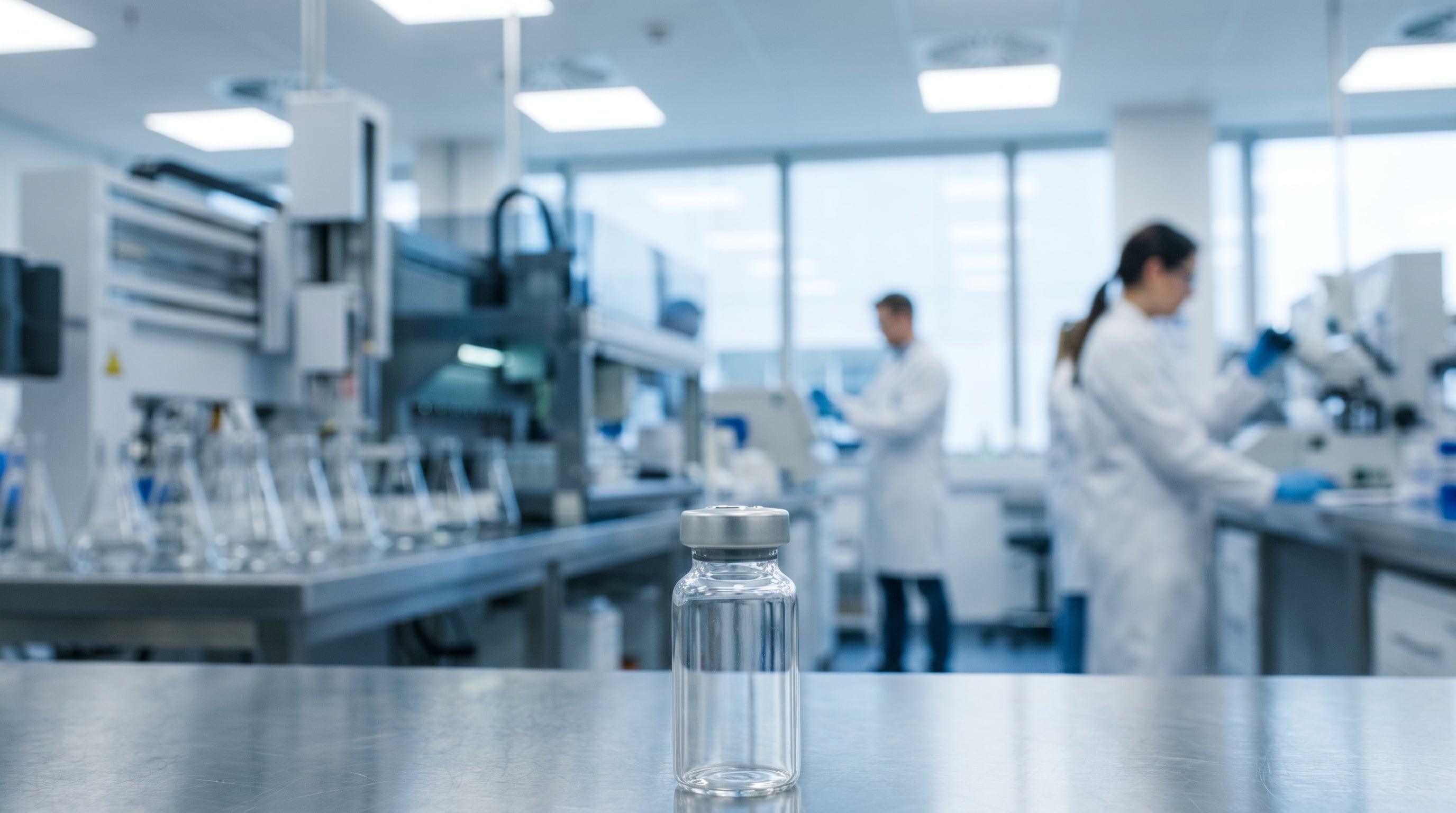 Un frasco de vacuna transparente se encuentra sobre una superficie metálica en un laboratorio farmacéutico moderno, con científicos y equipo especializado desenfocados al fondo. (Imagen Ilustrativa Infobae)