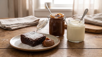 Un plato con un brownie y dulce de leche junto a dos frascos de vidrio con dulce de leche y crema sobre una mesa de madera.