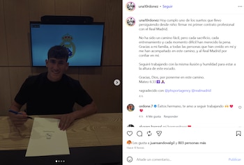 El mensaje de Unai Ordoñez en sus redes sociales, después de firmar su primer contrato profesional con el Real Madrid de España - crédito @una10rdonez/Instagram