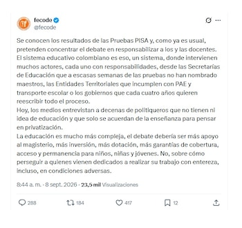 Fecode rechazó estigmatización al magisterio tras conocerse balance de las pruebas Pisa