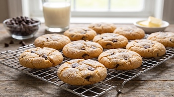 Galletas con chispas de chocolate sobre rejilla metálica. Vaso de leche, tazón de chispas de chocolate y plato con mantequilla al fondo en mesa de madera.