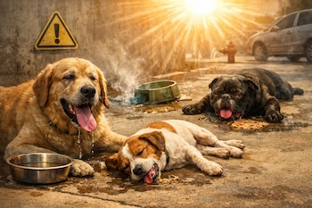Tres perros con evidentes signos de agotamiento, incluyendo un golden retriever, un perro mediano y un bulldog, yacen en el suelo bajo un sol intenso. Hay un cartel de advertencia.