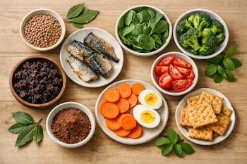 Lentejas, sangrecita, caballa, espinaca, brócoli, tomate, zanahoria, huevo, cacao en polvo, galletas, hojas de laurel y hierbabuena sobre mesa de madera.