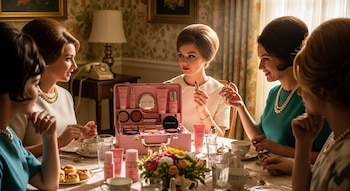 Varias mujeres con peinados y vestimenta de los años 60 sentadas alrededor de una mesa con un kit de cosméticos Mary Kay abierto y productos de belleza.