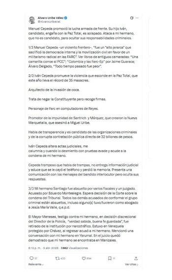 Álvaro Uribe y sus duros dardos a Iván Cepeda