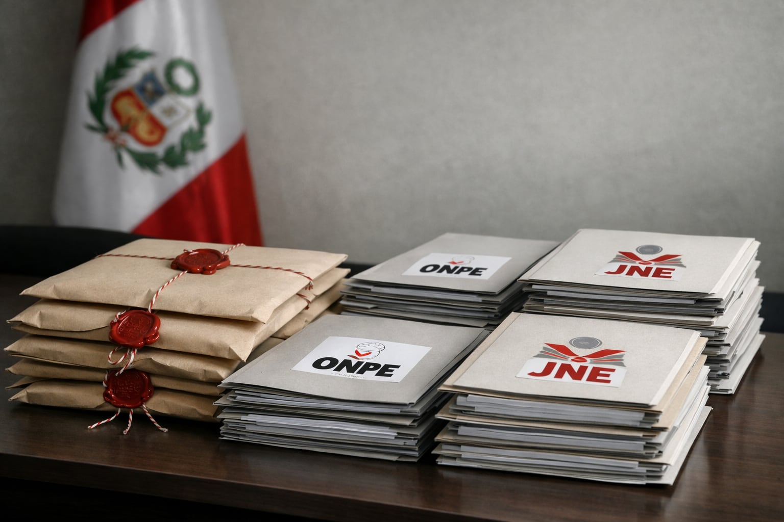 Sobres lacrados y carpetas con logos ONPE y JNE sobre una mesa, con la bandera peruana de fondo, simbolizan la entrega oficial de actas electorales, destacando la transparencia del proceso electoral en el país. (Imagen Ilustrativa Infobae)