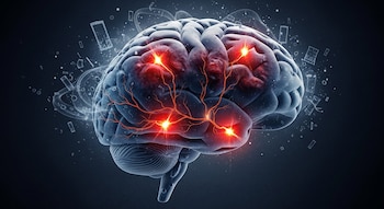 Ilustración de un cerebro humano en tonos azules y grises, con áreas rojas brillantes y filamentos naranjas. Fragmentos transparentes y opacos flotan alrededor.