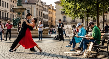 Pareja bailando tango en una plaza adoquinada; la mujer lleva un vestido rojo. Al fondo, artistas pintan en caballetes y un músico toca acordeón.