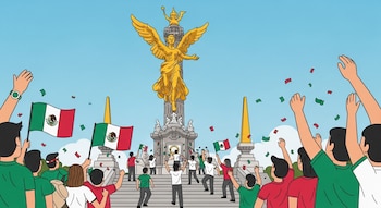 Ilustración de una multitud ondeando banderas mexicanas y confeti en un festejo alrededor del Ángel de la Independencia en Ciudad de México.