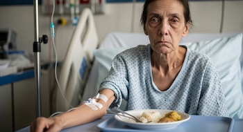 Uma senhora idosa numa cama de hospital com água escorrendo pelo braço esquerdo e um prato de comida à sua frente. Ele parecia cansado.