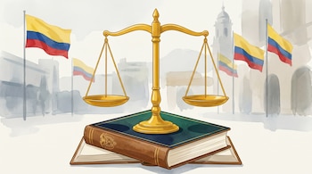 Ilustración de una balanza dorada equilibrada sobre un libro abierto con el escudo de Colombia. Al fondo, banderas colombianas ondean en una plaza pública.