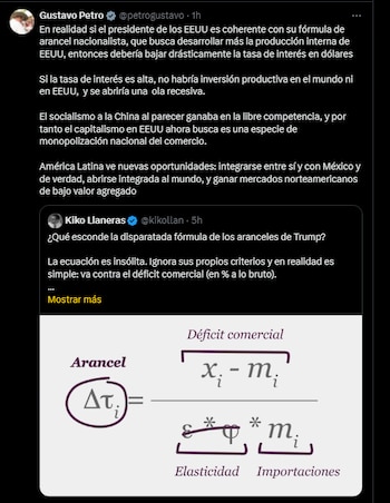 Publicación de Gustavo Petro refiriéndose a los aranceles impuestos por Donald Trump - crédito Gustavo Petro/X