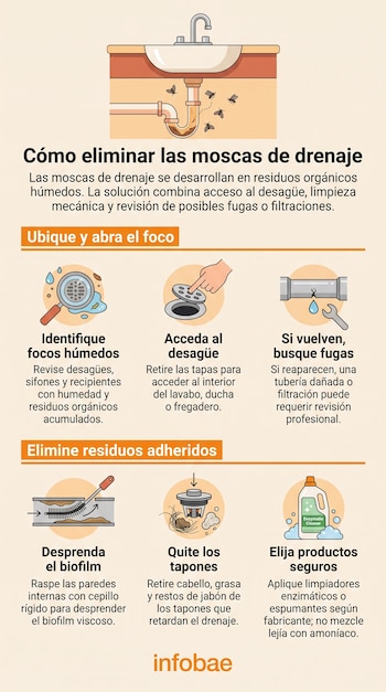Infografía explicativa con seis ilustraciones sobre el mantenimiento de tuberías y la eliminación de moscas de drenaje.