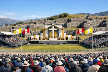 Explanada de Sacsayhuamán con muros de piedra, altar central con cruz blanca, tribunas repletas de personas, banderas de Perú y el Vaticano.