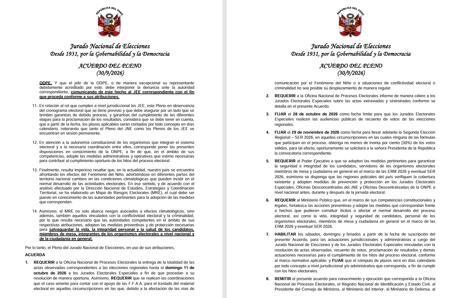 Un documento oficial del Jurado Nacional de Elecciones de Perú detalla los acuerdos del pleno sobre plazos y medidas operativas para el proceso electoral de 2026.