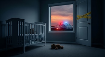 Cuna blanca, oso de peluche en el suelo, oso de peluche en la cuna, ventana, puerta, cinta amarilla de policía, patrulla policial con luces rojas y azules, cielo al atardecer.