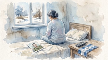 Una ilustración de acuarela muestra a una mujer sentada en una cama. Frente a ella hay una foto de un hombre con uniforme militar y a un lado un teléfono móvil y una bandera de El Salvador. Por la ventana se ve un paisaje nevado.