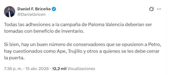 Daniel Briceño plantea revisión estricta de los apoyos que recibe la campaña de Paloma Valencia - crédito @Danielbricen/X