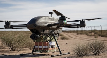 Un dron oscuro con cuatro hélices y paquetes atados a su base se posa en un suelo árido, con arbustos y una valla metálica a lo lejos.