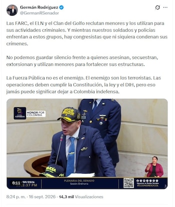 Rodríguez recalcó que "las FARC, el ELN y el Clan del Golfo reclutan menores y los utilizan para sus actividades criminales" - crédito @GermanRSenador/X