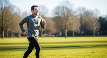 Un hombre joven en primer plano corre por un parque con césped verde brillante y árboles sin hojas bajo un cielo despejado y soleado, sin llevar gorro.