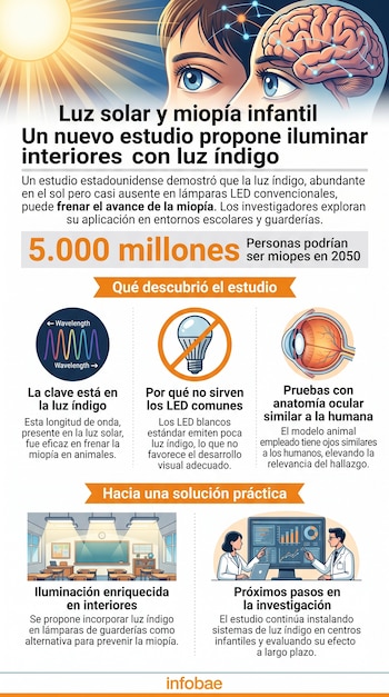Infografía con ilustraciones de un sol, un ojo, un cerebro, diagramas de ondas de luz, una bombilla tachada y aulas de clase.