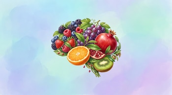 Ilustración de un cerebro formado por moras, arándanos, frambuesas, fresas, uvas, granada, naranja, kiwi, hojas verdes y semillas sobre fondo degradado.