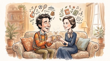 Dibujo de un hombre y una mujer sentados en un sofá sosteniendo tazas, con ilustraciones flotantes de instrumentos, libros y deportes.