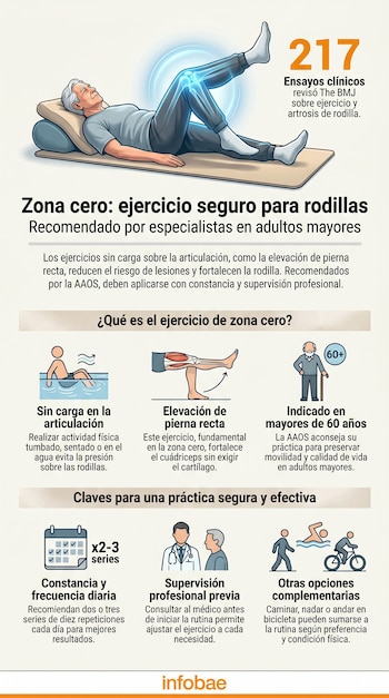 Ilustración de un hombre mayor acostado realizando una elevación de pierna recta, rodeado de gráficos e iconos que explican ejercicios de "zona cero" para rodillas.