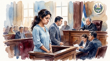 Ilustración en acuarela de una mujer frente a un juez en un tribunal con la bandera y el escudo de El Salvador.