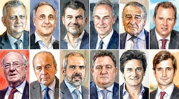 Ilustración en acuarela de una cuadrícula de 12 retratos masculinos. Cada rostro presenta expresiones variadas y vestimenta formal en colores vivos.