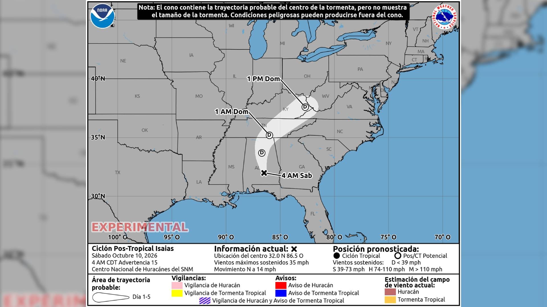 Un mapa del Centro Nacional de Huracanes detalla la trayectoria probable del ciclón postropical Isaias sobre el este de Estados Unidos. (NOAA)