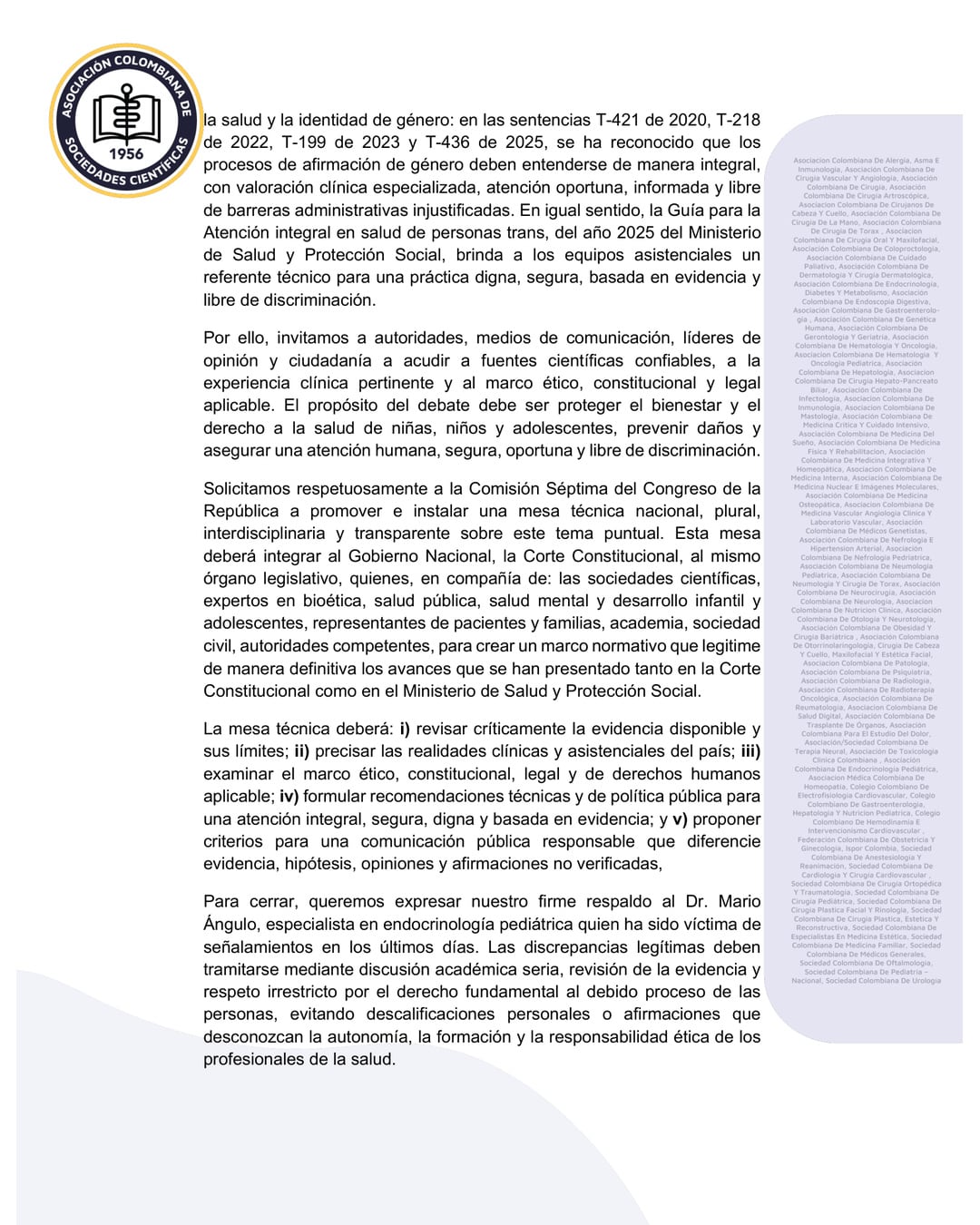 El documento situó la discusión en la jurisprudencia de la Corte Constitucional, que abordó la relación entre salud e identidad de género - - crédito Asociación Colombiana de Sociedades Científicas