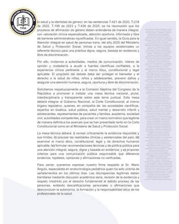 El documento situó la discusión en la jurisprudencia de la Corte Constitucional, que abordó la relación entre salud e identidad de género - - crédito Asociación Colombiana de Sociedades Científicas