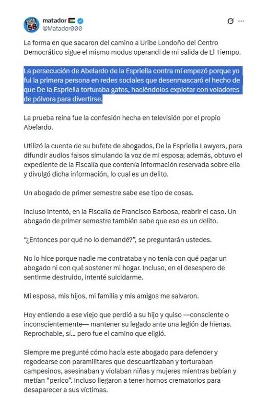 Con este mensaje, Matador se pronunció sobre el caso vivido por Miguel Uribe Londoño y lo comparó de su salida de un reconocido medio de comunicación - crédito @Matador000/X