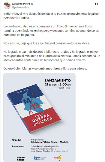 El jefe de Estado consideró que las acciones del alcalde de Medellín son una censura - crédito @petrogustavo/X