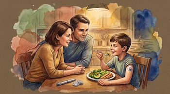Ilustración de un niño con un sensor en el brazo comiendo en la mesa junto a sus padres, donde hay un bolígrafo de insulina.