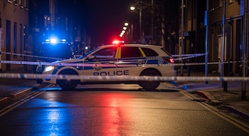 Un patrullero policial blanco con luces rojas y azules, la palabra 'POLICE' en el lateral, y cinta de seguridad blanca y azul delimita una calle mojada de noche.