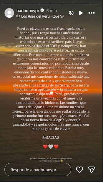 Captura de pantalla de una historia de Instagram de Bad Bunny con un fondo de atardecer y un largo mensaje de texto en español sobre su agradecimiento a Perú